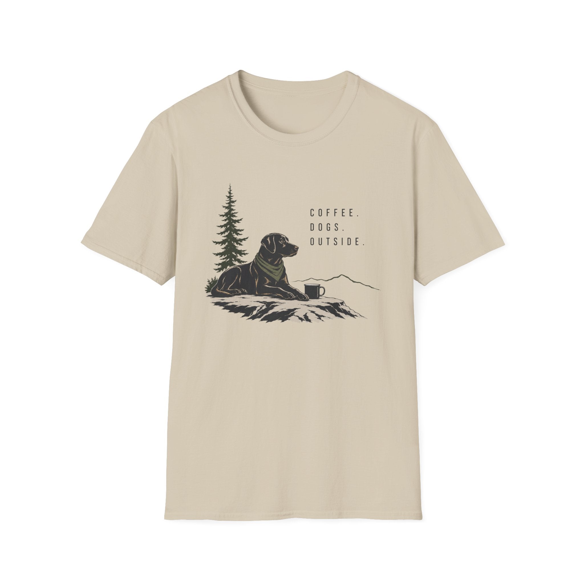 Coffee, Dogs, Outside T‑Shirt — Outdoor Labrador Camping Tee