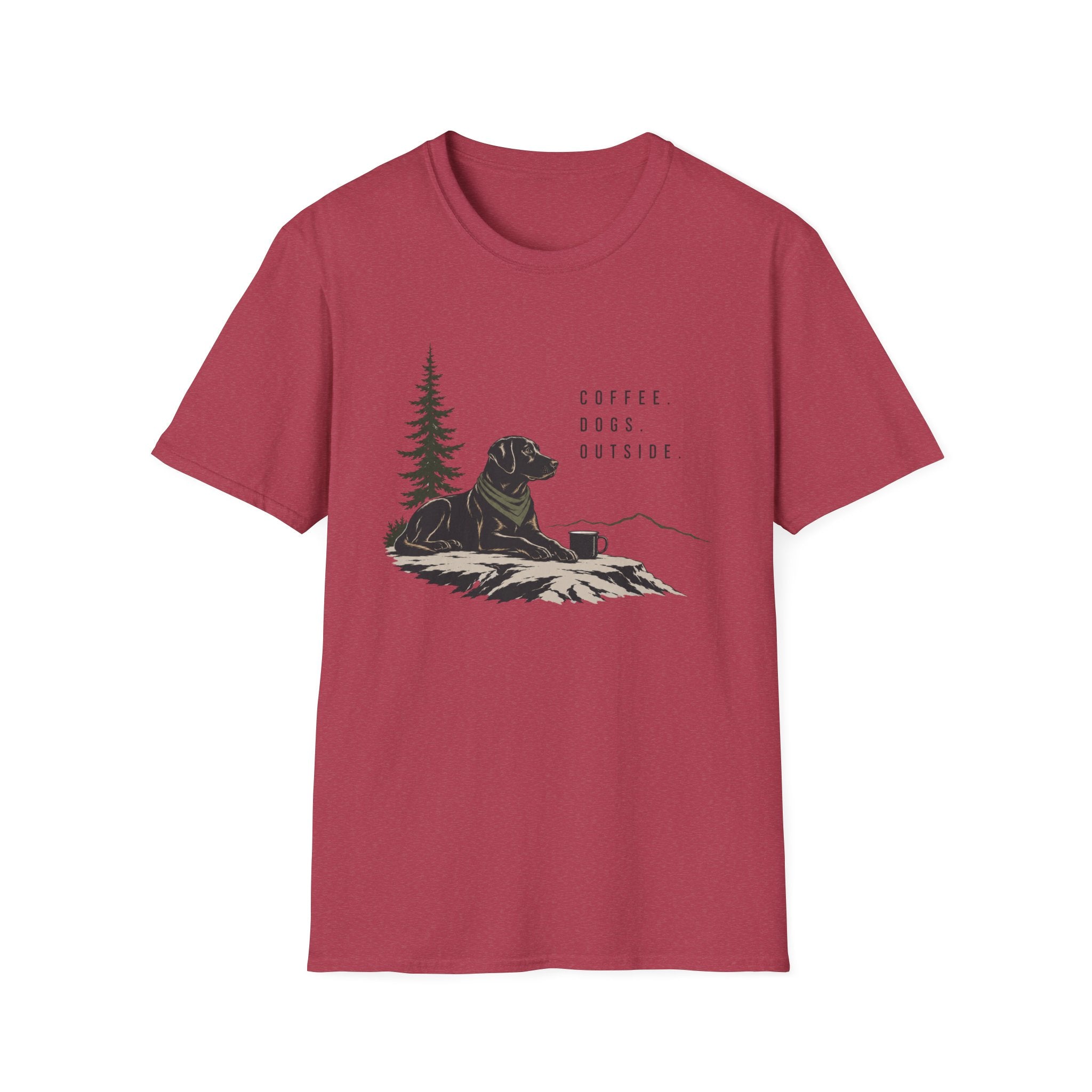 Coffee, Dogs, Outside T‑Shirt — Outdoor Labrador Camping Tee