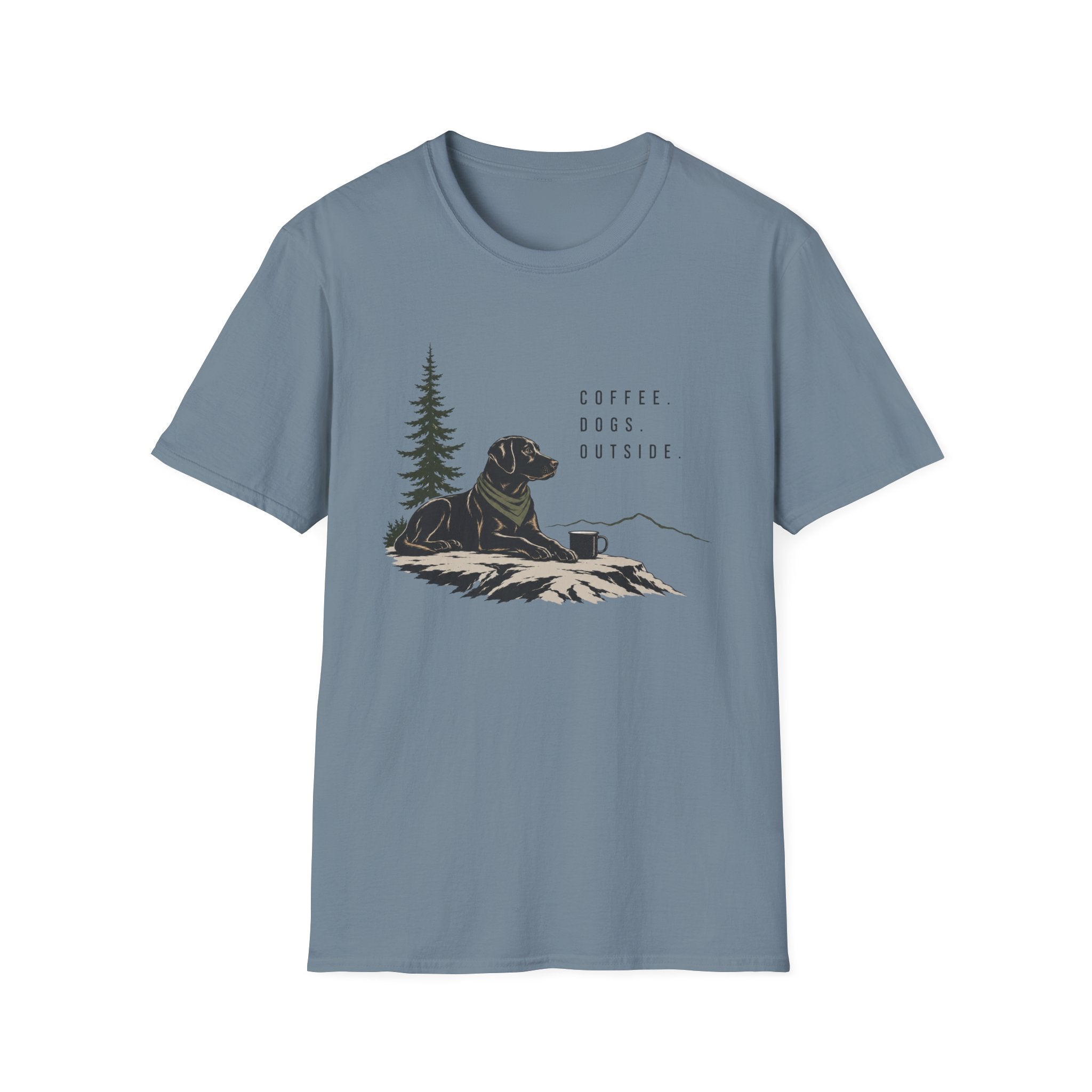 Coffee, Dogs, Outside T‑Shirt — Outdoor Labrador Camping Tee