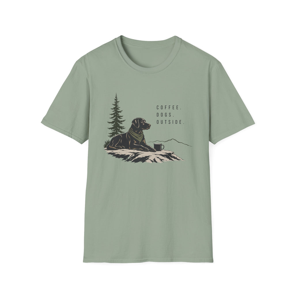 Coffee, Dogs, Outside T‑Shirt — Outdoor Labrador Camping Tee
