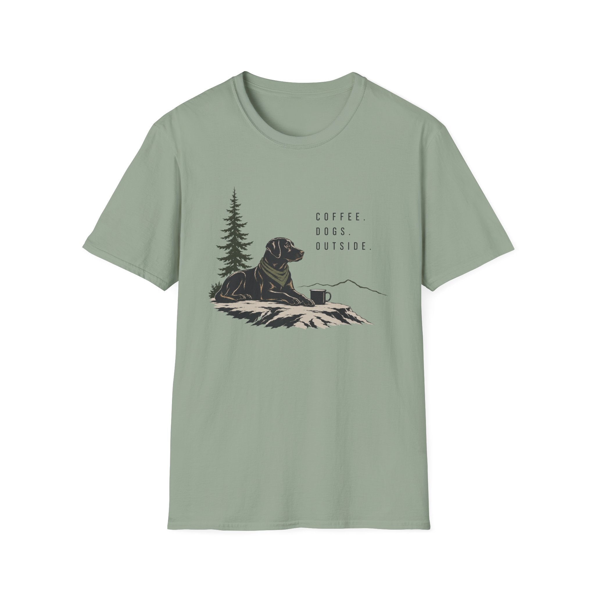 Coffee, Dogs, Outside T‑Shirt — Outdoor Labrador Camping Tee