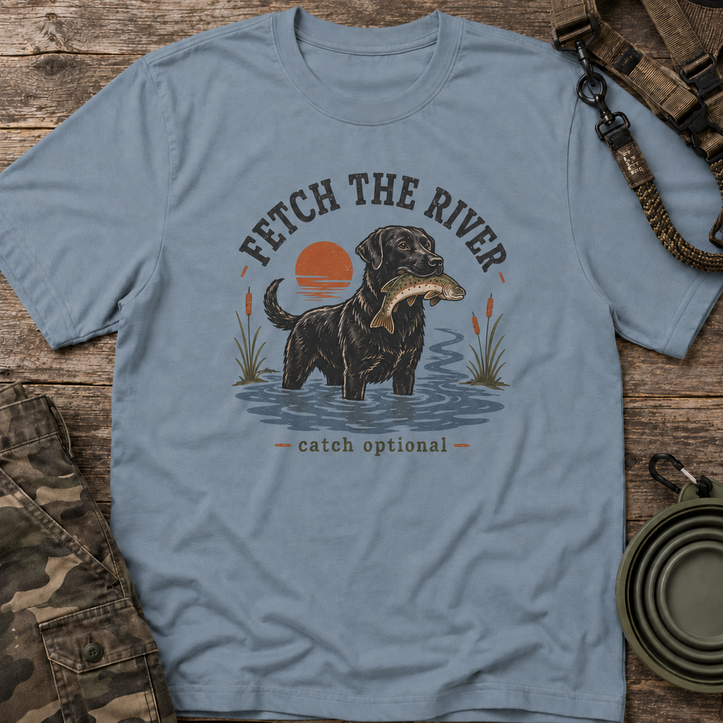 Dog T-Shirt — "Fetch the River" Labrador Graphic Tee