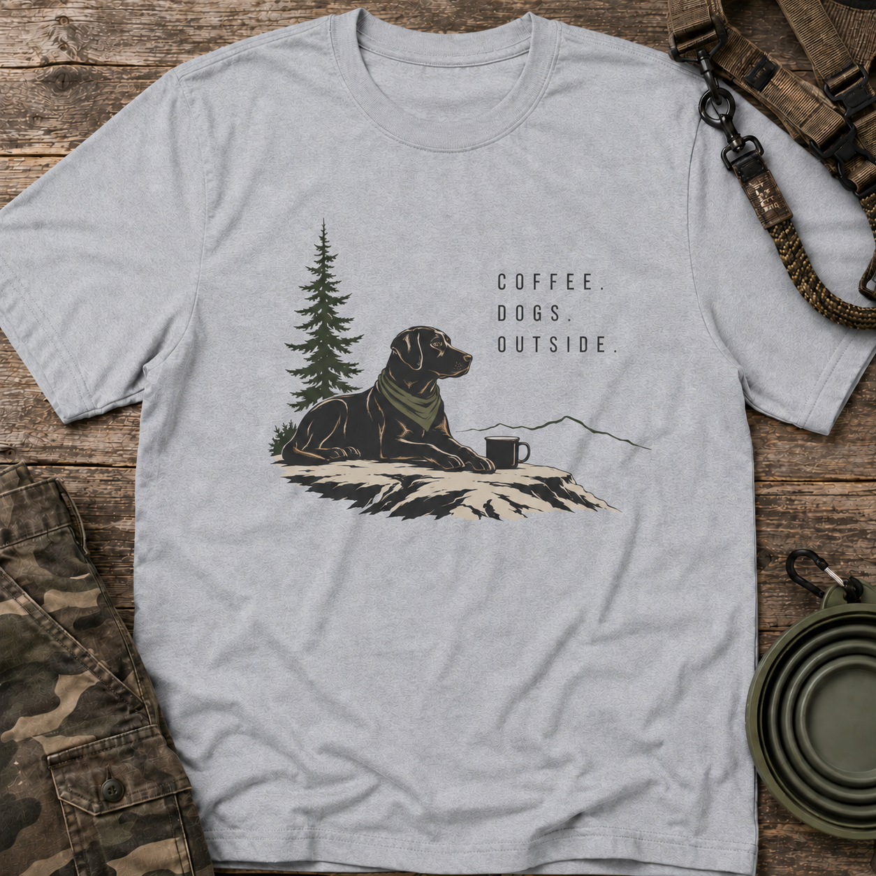 Coffee, Dogs, Outside T‑Shirt — Outdoor Labrador Camping Tee