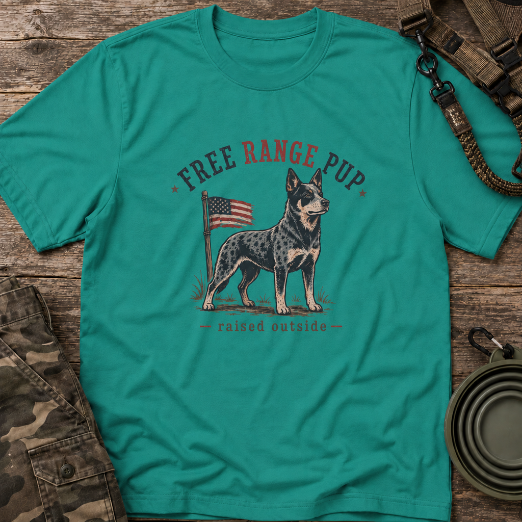 Free Range Pup T-Shirt — Patriotic Australian Cattle Dog Tee ('Raised Outside')