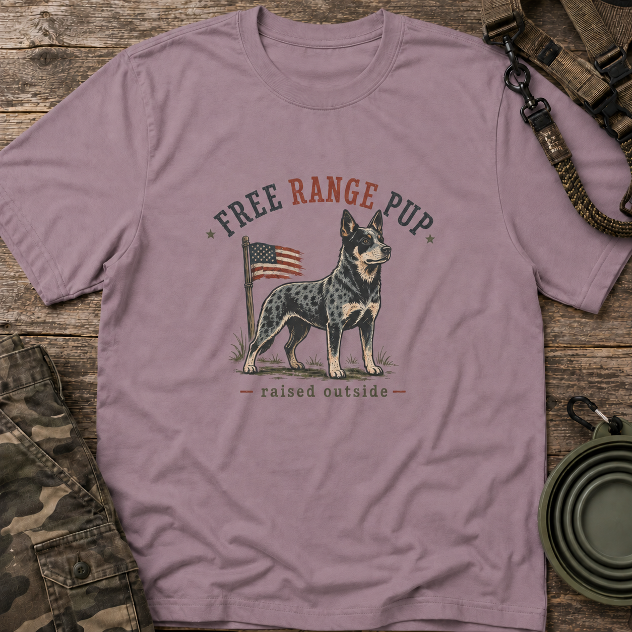 Free Range Pup T-Shirt — Patriotic Australian Cattle Dog Tee ('Raised Outside')