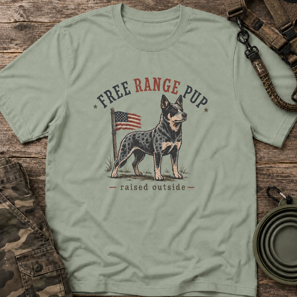 Free Range Pup T-Shirt — Patriotic Australian Cattle Dog Tee ('Raised Outside')