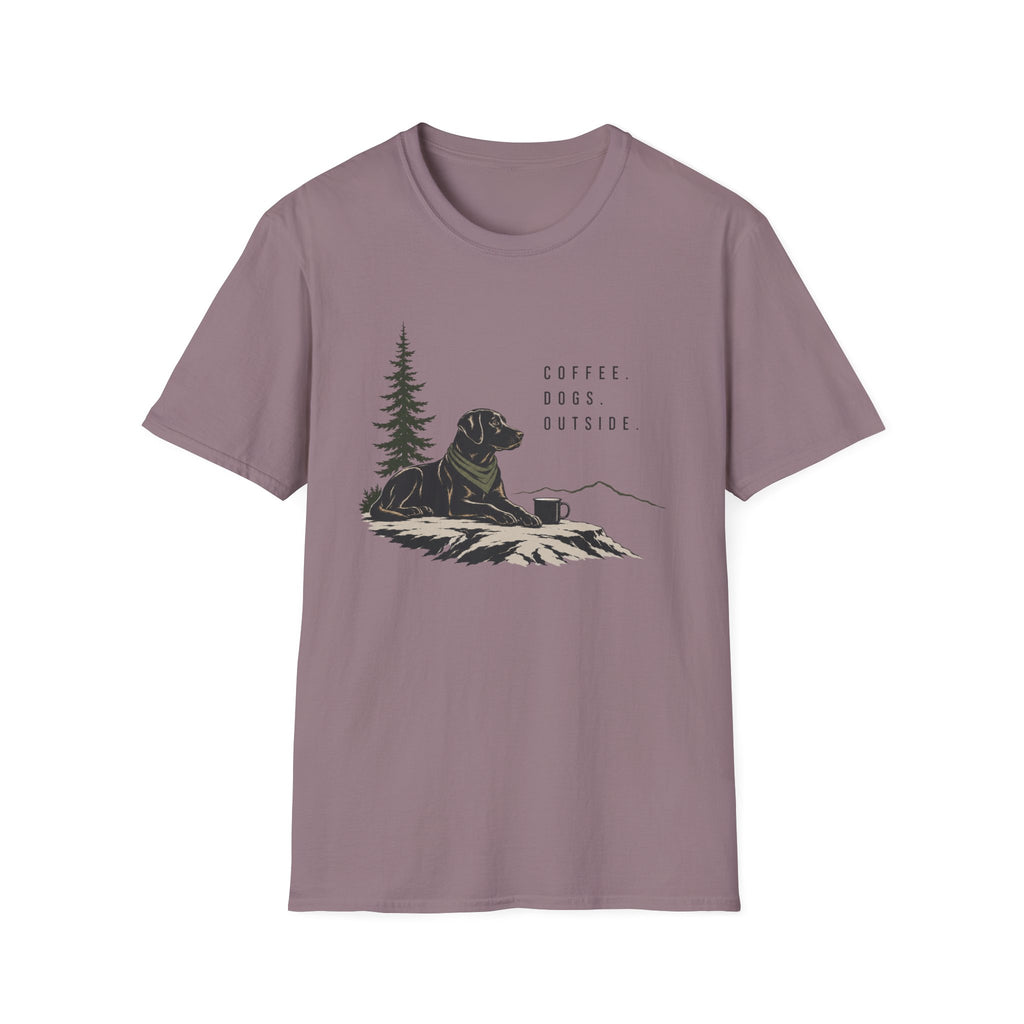 Coffee, Dogs, Outside T‑Shirt — Outdoor Labrador Camping Tee
