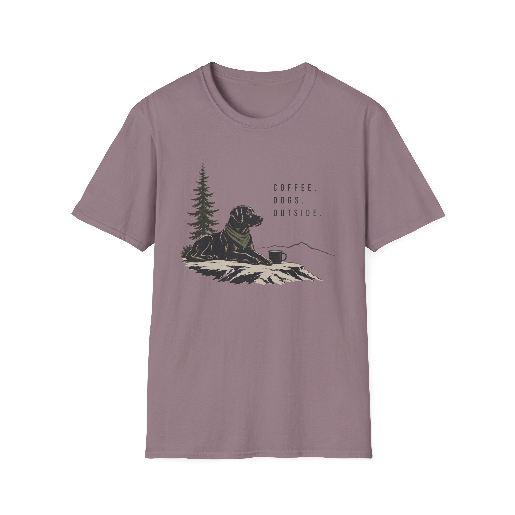 Coffee, Dogs, Outside T‑Shirt — Outdoor Labrador Camping Tee