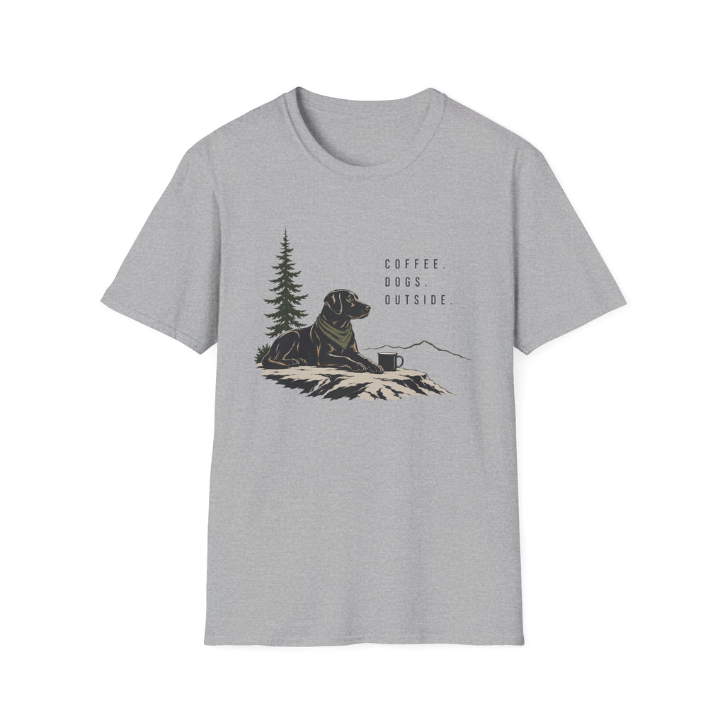 Coffee, Dogs, Outside T‑Shirt — Outdoor Labrador Camping Tee