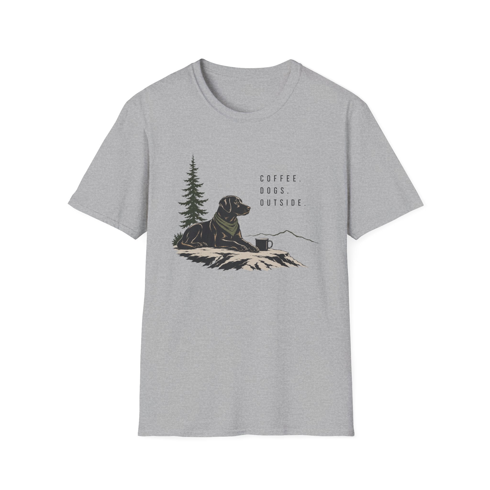 Coffee, Dogs, Outside T‑Shirt — Outdoor Labrador Camping Tee